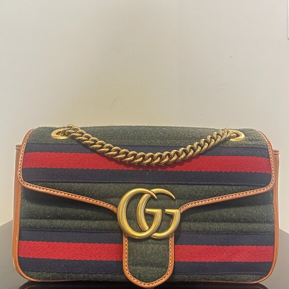 Gucci Loden Fabric Cuoio Harness Web Matelasse Horizontalk Small GG Marmont Bag - Picture 1 of 4
